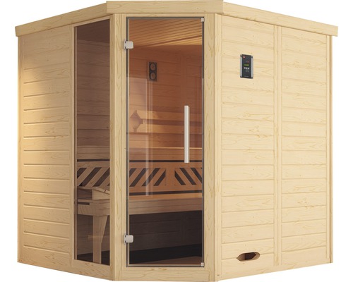 Ecksauna mit Glastür und Holzverkleidung