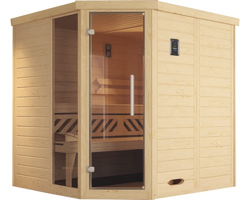 Ecksauna aus Holz mit Glastür und digitalem Bedienfeld