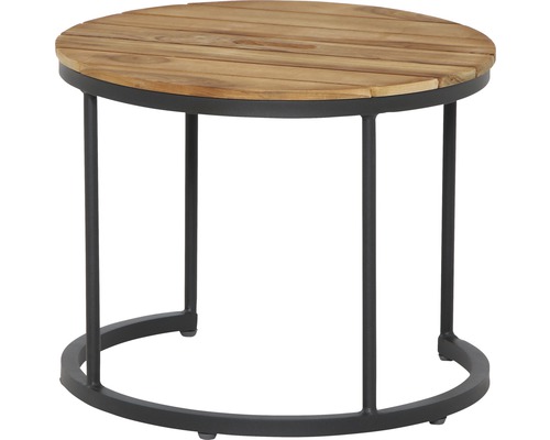 Table de jardin ronde avec plateau en bois et structure en métal