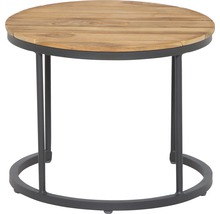 Table de jardin ronde avec plateau en bois et structure en métal