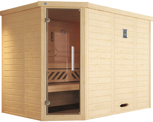 Holzsauna mit Glastür und Steuerungselement