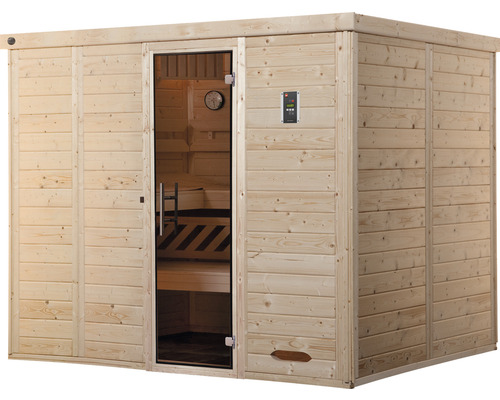 Aussensauna aus Holz mit Glastür und Steuerungselementen