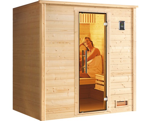 Sauna aus Holz mit Glastür und Bedienelement