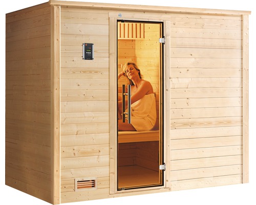 Holzsauna mit Glastür und Bedienelement