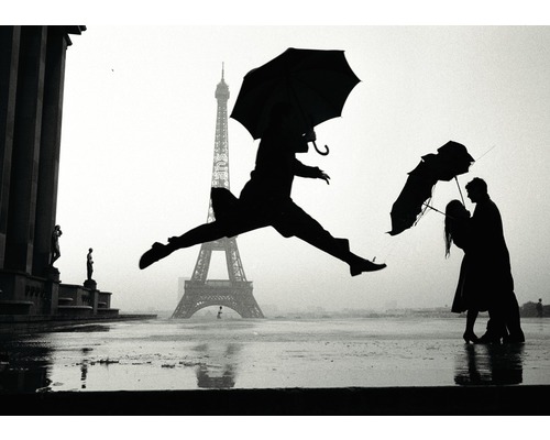 Szene in Paris mit Eiffelturm, Personen mit Regenschirmen und einer Person, die springt