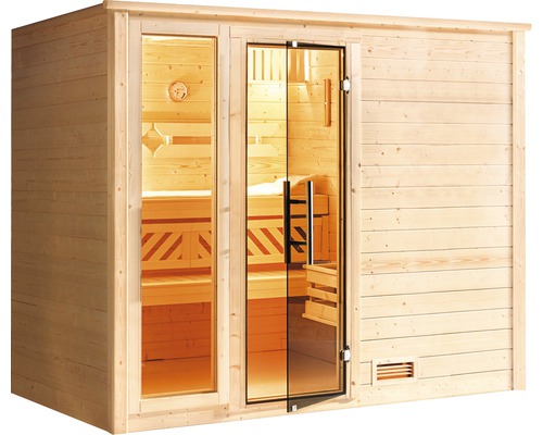 Sauna aus Holz mit Glastür