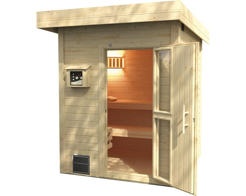Aussensauna aus Holz mit offener Tür, Steuerungselement und Lüftungsgitter