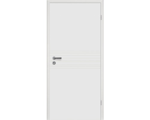 Porte intérieure blanche avec lignes décoratives horizontales, poignée de porte et serrure