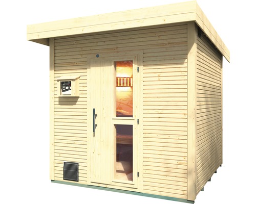 Aussensauna aus Holz mit Fenster und Glastür