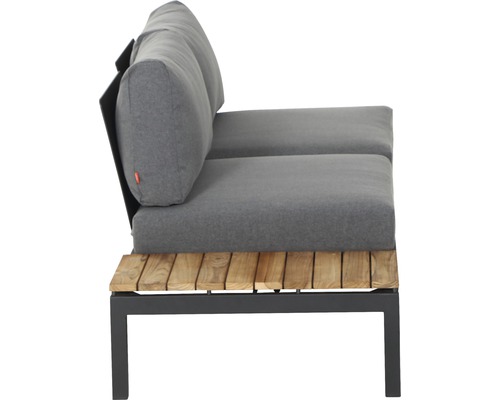 Fauteuil de jardin avec coussins gris, accoudoir en bois et cadre foncé