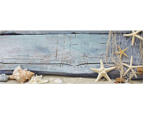 Paroi arrière de salle de bains mySPOTTI aqua Seashell 120x45 cm Scène décorative avec bois, sable, coquillages, étoiles de mer et filet de pêche
