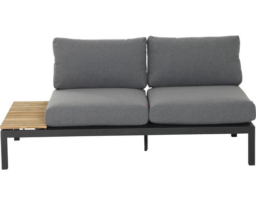 Canapé de jardin avec deux sièges, coussins gris et une table en bois