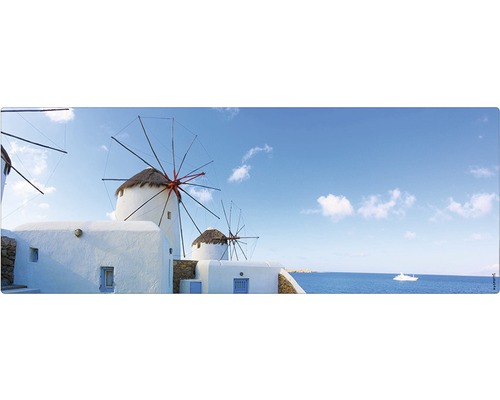 Paroi arrière de salle de bains mySPOTTI aqua Greece 120x45 cm Panorama avec moulins à vent, bâtiments blancs et vue sur la mer