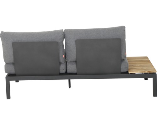 Canapé de jardin avec coussin gris, cadre métallique et plateau de table en bois