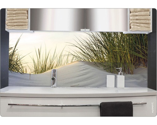 Badezimmer Waschbecken mit Rückwand, die eine Sanddüne mit Gras zeigt
