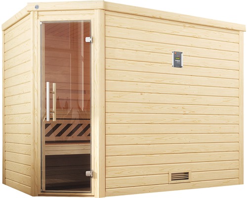 Holzsauna mit Glastür und Bedienfeld