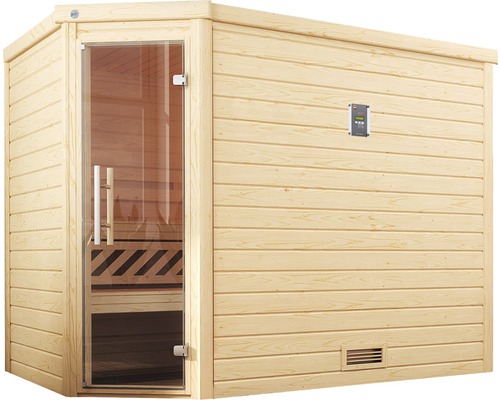 Sauna aus Holz mit Glastür und Steuerungselement