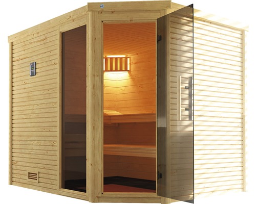 Holzsauna mit Glastür und Innenbeleuchtung für den Innenbereich