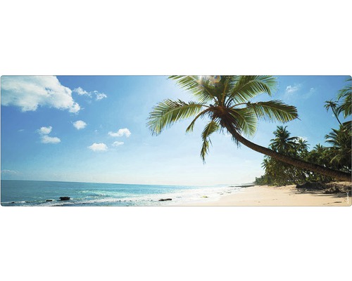 Paroi arrière de salle de bains mySPOTTI aqua Beach 120x45 cm Plage tropicale avec des palmiers sous un ciel bleu