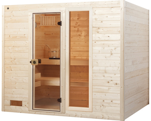 Sauna en bois avec porte en verre et aménagement intérieur