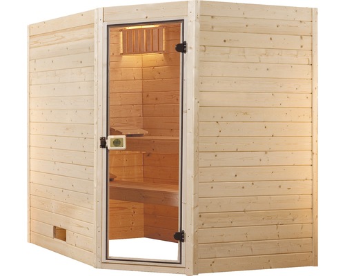 Sauna aus Holz mit Glastür und Bänken