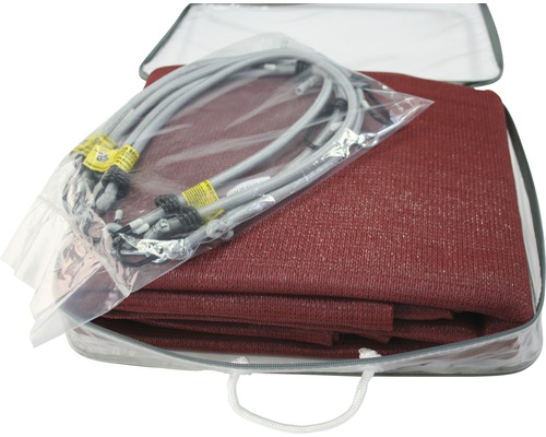 Voile d''ombrage avec câbles de tension dans un sac de transport transparent