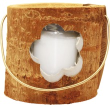 Windlicht aus Holz mit Blumenausschnitt und Metallhenkel