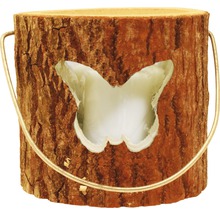 Blumentopf aus Holz mit Schmetterlingsausschnitt und Metallbügel