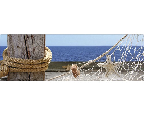 Paroi arrière de salle de bains mySPOTTI aqua Sea view 140x45 cm Décoration avec étoile de mer et filet de pêche sur fond marin
