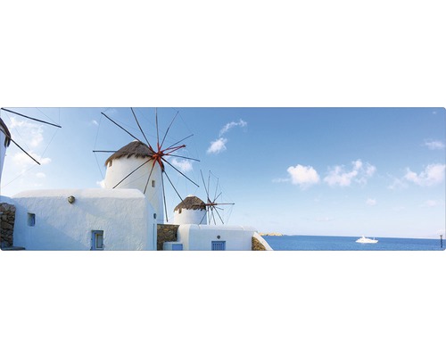 Paroi arrière de salle de bains mySPOTTI aqua Greece 140x45 cm Panorama avec des moulins à vent sur la côte