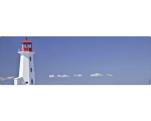 Paroi arrière de salle de bains mySPOTTI aqua Lighthouse 140x45 cm Illustration d''un phare sur fond de ciel bleu