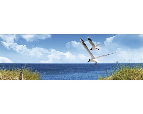 Paroi arrière de salle de bains mySPOTTI aqua North Sea 140x45 cm Illustration avec des mouettes au-dessus de la mer, paysage côtier