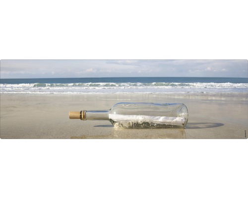 Paroi arrière de salle de bains mySPOTTI aqua Message 140x45 cm Bouteille à la mer sur la plage avec bouchon de liège