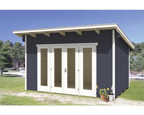 Chalet de jardin en madriers SKAN HOLZ She Shed Ostende 2 avec plancher 440 x 380 cm gris ardoise