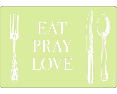 Paroi arrière de cuisine mySPOTTI pop Cover fresh 59x41 cm Affiche décorative avec l''inscription Eat Pray Love, une fourchette, un couteau et une cuillère