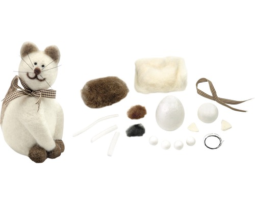 Filz-Bastelset Katze mit Wolle, Styroporkörper, Pfeifenputzern und Schleifenband