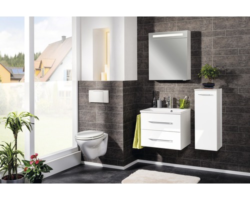 Salle de bains lumineuse avec meuble sous-lavabo, armoire de toilette, WC suspendu et armoire latérale devant un mur en pierre gris