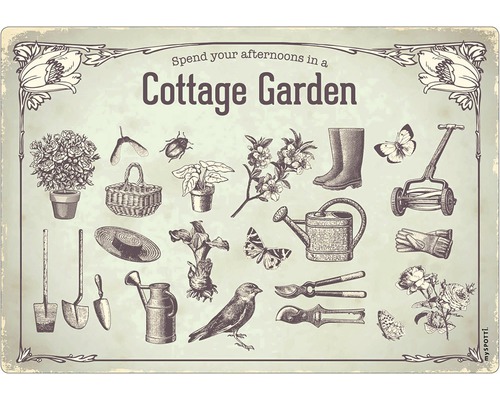 Paroi arrière de cuisine mySPOTTI Cottage garden 59x41 cm Illustration d''un jardin de cottage avec des outils de jardinage et des plantes