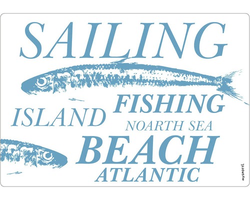Küchenrückwand mySPOTTI pop Fishing 59x41 cm Dekoratives Schild mit Fischmotiven und maritimen Begriffen wie Segeln, Fischen und Strand