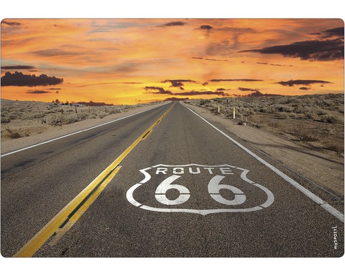 Paroi arrière de cuisine mySPOTTI pop Route 66 59x41 cm Photo d''une route vide avec la Route 66 peinte dessus sous un ciel nuageux au coucher du soleil.
