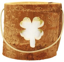Windlicht aus Holz mit Kleeblattmuster und Tragegriff
