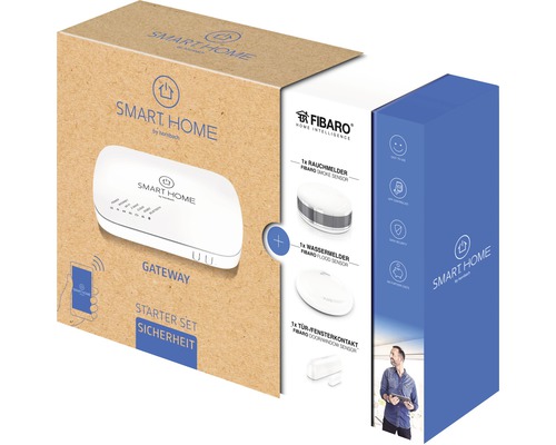 Kit de démarrage Smart Home Sécurité avec passerelle, détecteur de fumée, détecteur d''eau et contact de porte dans l''emballage