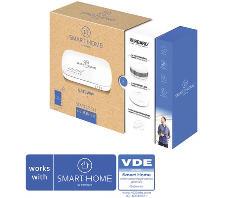 SMART HOME by hornbach Starter Set Sécurité avec gateway, contact porte-fenêtre Fibaro, détecteur de fumée Fibaro et détecteur d'eau Fibaro