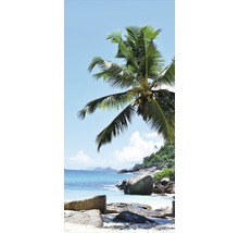 Scène de plage tropicale avec des rochers, des palmiers et un ciel bleu