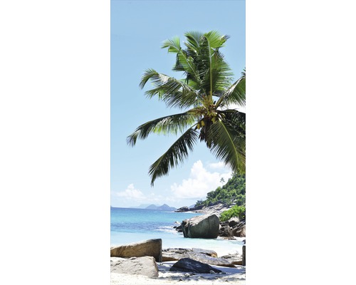 Scène de plage tropicale avec des rochers, des palmiers et un ciel bleu