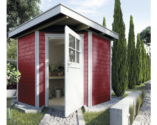 Abri d'angle en madriers weka 229 avec plancher 244 x 244 cm rouge de Falun Abri de jardin en bois avec porte ouverte dans le jardin