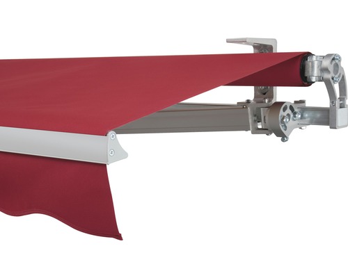 SOLUNA Gelenkarmmarkise Concept 4x2,5 Stoff Dessin 3914 Gestell Silber E6EV1 eloxiert Antrieb rechts inkl. Motor und Wandschalter Markise mit rotem Markisentuch und silberfarbenem Gestell