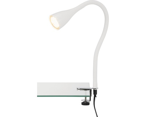 Weisse Klemmleuchte mit flexiblem Arm an einer Tischplatte