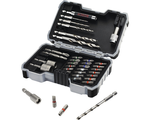 Jeu de forets et d''embouts dans une mallette à outils ouverte