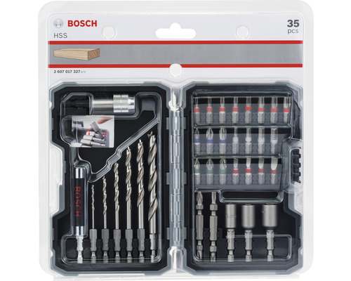 Logo Bosch. Jeu de 35 forets et embouts pour bois en boîte plastique.